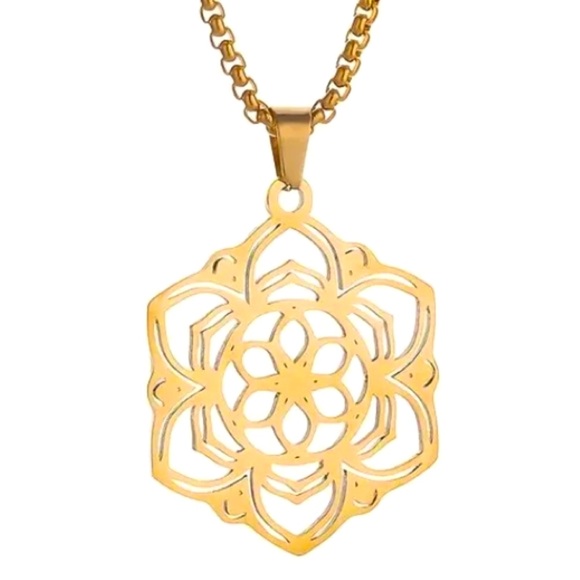 Gold Lotus Mandala Pendant Necklace – 18k Stainless Steel Spiritual Flower Charm - Picture 7 of 7
